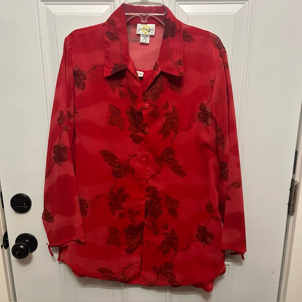 Just the Girls Red Floral Button-Down Shirt with Tank